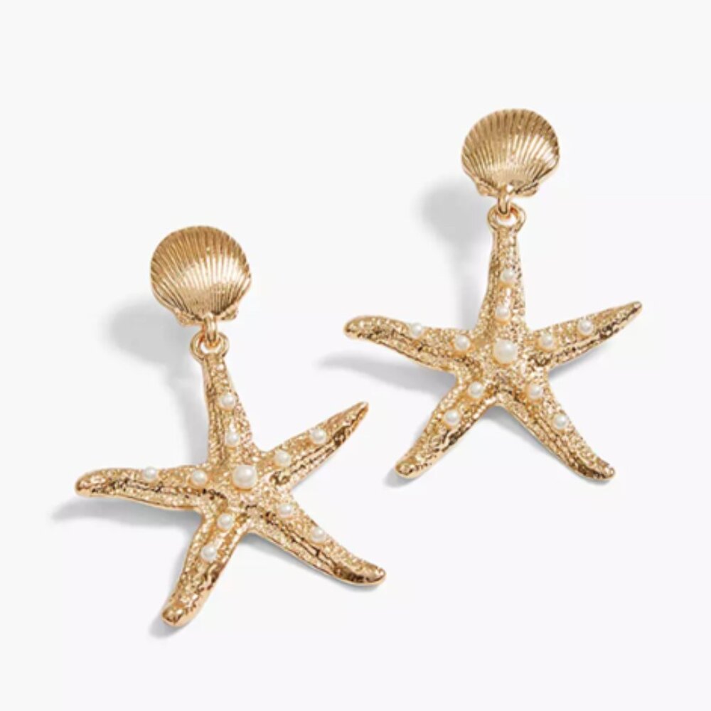 LANE BRYANT NWT Pearlized Starfish Drop Earrings Gold - Picture 1 of 5